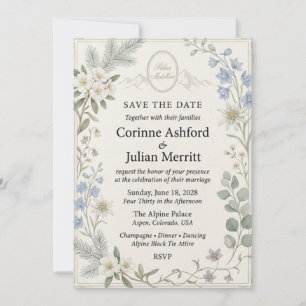 Invitation Fleurs alpines, Edelweiss, Delphinium bleu, Pin B