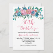 Invitation Fleurs Anniversaire Bleu Rose Aquarelle Rustique M (Devant)