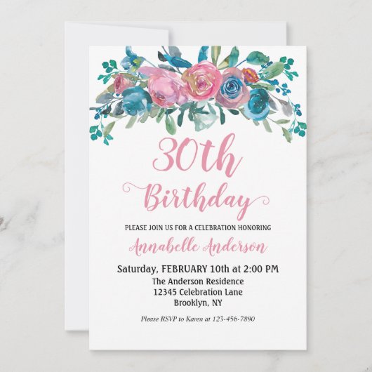 Invitation Fleurs Anniversaire Bleu Rose Aquarelle Rustique M (Devant)