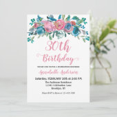 Invitation Fleurs Anniversaire Bleu Rose Aquarelle Rustique M (Debout devant)