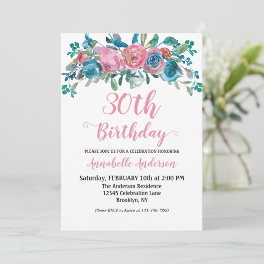 Invitation Fleurs Anniversaire Bleu Rose Aquarelle Rustique M (Debout devant)