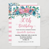 Invitation Fleurs Anniversaire Bleu Rose Aquarelle Rustique M (Devant / Derrière)