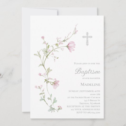 Invitation fleurs aquarelle Baptême (Devant)