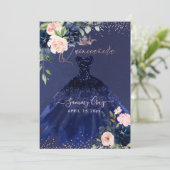 Invitation Fleurs aquarelle bleu marine et rose Qu (Debout devant)