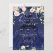 Invitation Fleurs aquarelle bleu marine et rose Qu (Dos)
