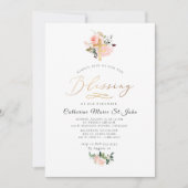 Invitation Fleurs Aquarelle Blush Faux Dorure Bénédiction (Devant)