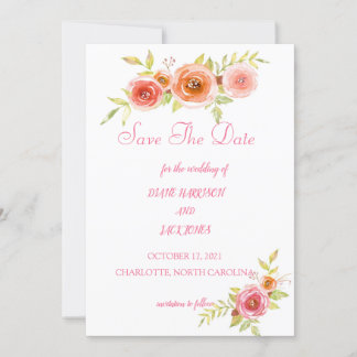 Invitation Fleurs Aquarelle de Roses Mariage Date à Retenir