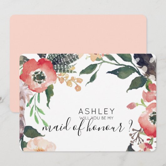 Invitation Fleurs Aquarelle Demande Demoiselle d'Honneur Nom (Devant / Derrière)