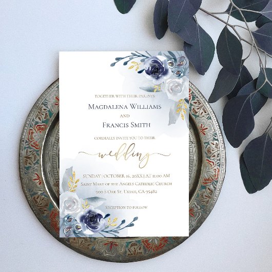 Invitation fleurs aquarelle et détails en faux or | mariage