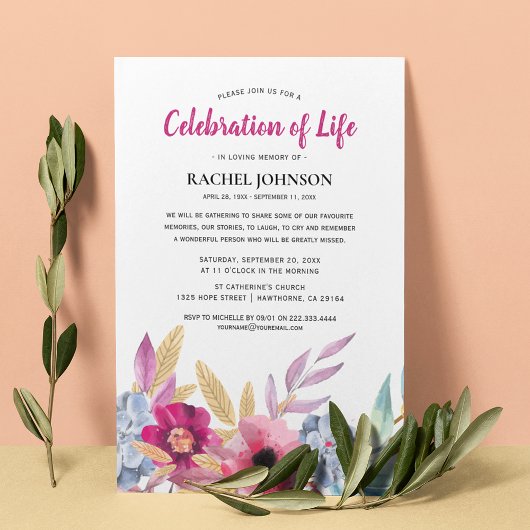 Invitation Fleurs Aquarelle Mémorial | Célébration de la Vie