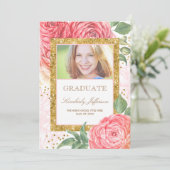 Invitation Fleurs Aquarelle Or et rose Photo Graduation (Debout devant)