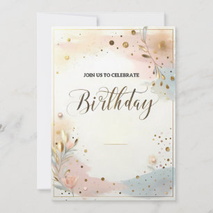 Invitation Fleurs aquarelle pastel élégant et confettis dorés