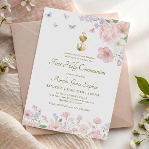 Invitation Fleurs Aquarelle Pastel Première Communion