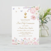 Invitation Fleurs Aquarelle Pastel Première Communion (Debout devant)