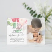Invitation Fleurs aquarelle rose baptême bébé dédicace (Debout devant)