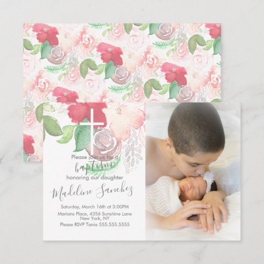 Invitation Fleurs aquarelle rose baptême bébé dédicace (Devant / Derrière)