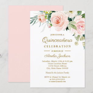 Invitation Fleurs aquarelle rose blush pour Quinceanera