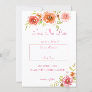 Invitation Fleurs Aquarelle Roses Mariage Date à Retenir