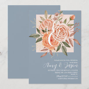 Invitation Fleurs Aquarelle Roses Péches Bleu Poussiéreux Mar