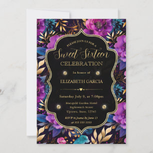 Invitation Fleurs aquarelle violettes et dorées Sweet 16