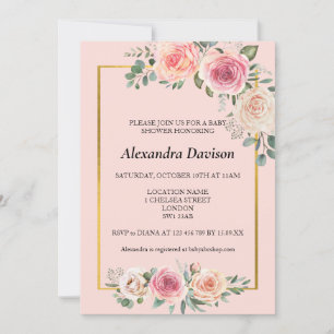 Invitation Fleurs aquarelles avec Baby shower rose encadré