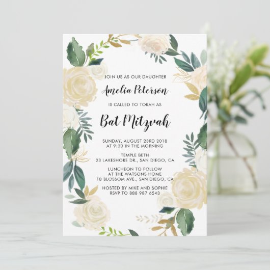 Invitation Fleurs aquarelles avec Bat mitzvah Parties scintil (Debout devant)