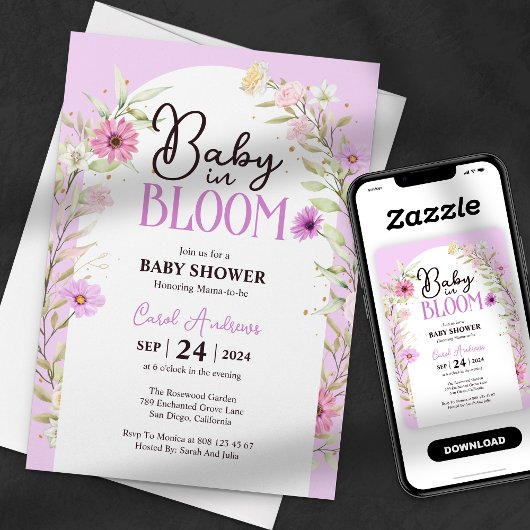 Invitation Fleurs aquarelles Bébé en fleurs Fête bébé violet
