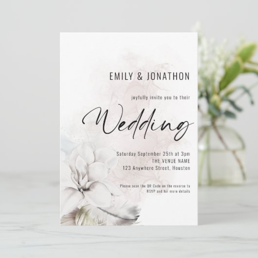 Invitation Fleurs aquarelles blanches modernes Code QR Mariag (Debout devant)