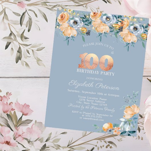 Invitation Fleurs aquarelles bleu Dusty 100e anniversaire
