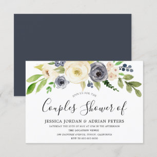 Invitation Fleurs aquarelles bleu marine et champagne pour do
