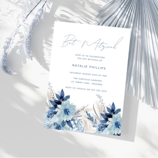 Invitation Fleurs aquarelles bleu poussiéreux Bat Mitzvah