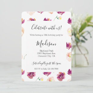 Invitation Fleurs aquarelles bordeaux pêche rose