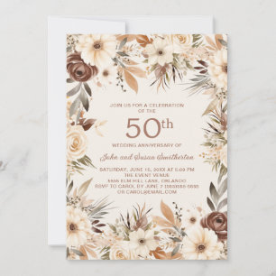 Invitation Fleurs aquarelles brunes crème 50e anniversaire