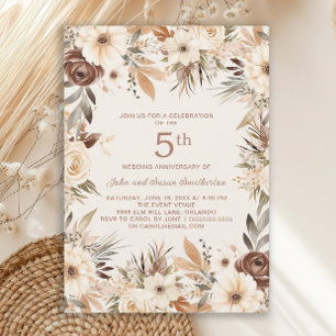 Invitation Fleurs aquarelles brunes et crème Boho 5e annivers