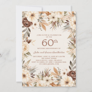 Invitation Fleurs aquarelles crème marron 60e anniversaire