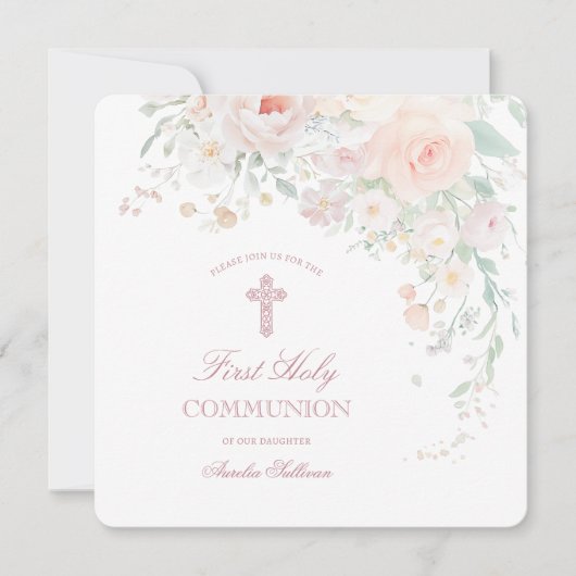 Invitation Fleurs Aquarelles Douces Première Communion (Devant)