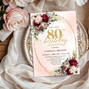 Invitation Fleurs aquarelles élégantes 80e anniversaire or