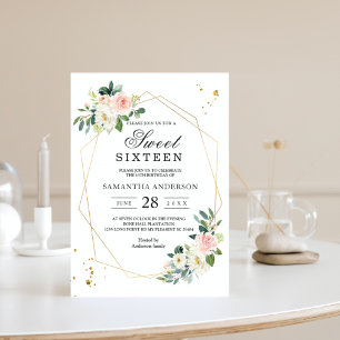 Invitation Fleurs aquarelles élégantes rose et blanc Gouttes