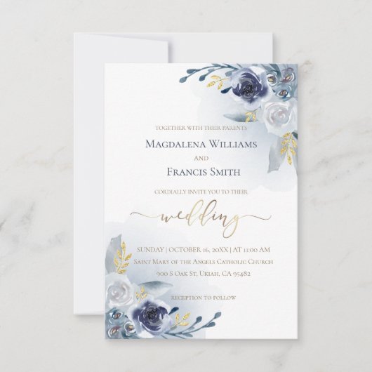 Invitation fleurs aquarelles et détails en faux or | mariage (Devant)