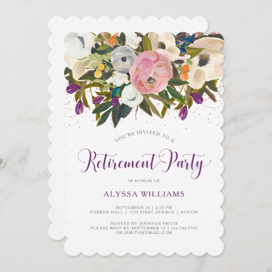 Invitation Fleurs aquarelles| Faux Parties scintillant Retire (Devant / Derrière)
