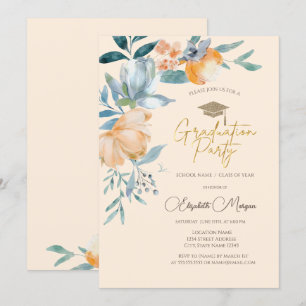 Invitation Fleurs aquarelles Fête de fin d'études crème