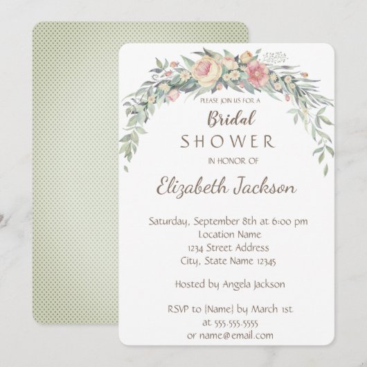 Invitation Fleurs aquarelles, Fête des mariées Pois (Devant / Derrière)