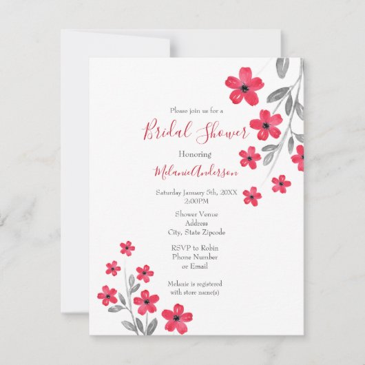 Invitation Fleurs aquarelles gris rouge (Devant)