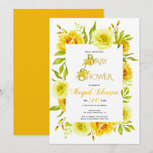 Invitation Fleurs aquarelles jaunes baby shower neutre