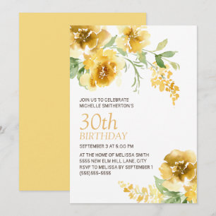 Invitation Fleurs aquarelles jaunes pour les 30 ans d'une fem
