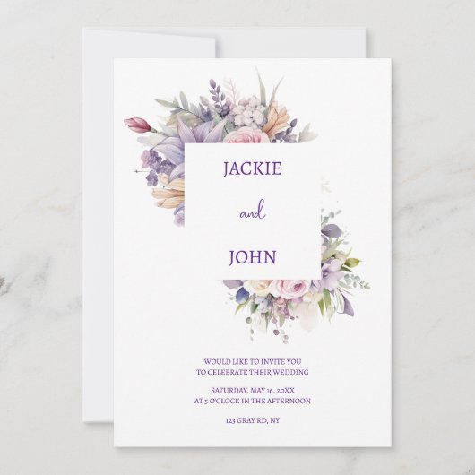Invitation Fleurs aquarelles. Mariage. (Devant)