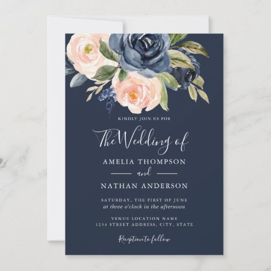 Invitation Fleurs aquarelles mariage pêche marine (Devant)
