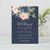 Invitation Fleurs aquarelles mariage pêche marine (Debout devant)