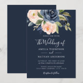 Invitation Fleurs aquarelles mariage pêche marine (Devant / Derrière)