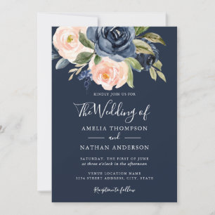 Invitation Fleurs aquarelles mariage pêche marine
